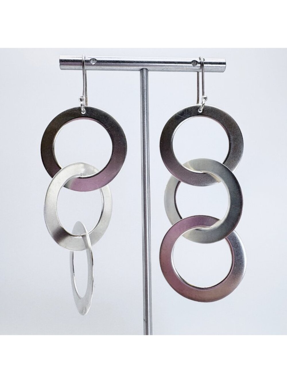 Triple Circle Interlocking Dangle Earrings Sterling Silver 925 Size 3.25" Length